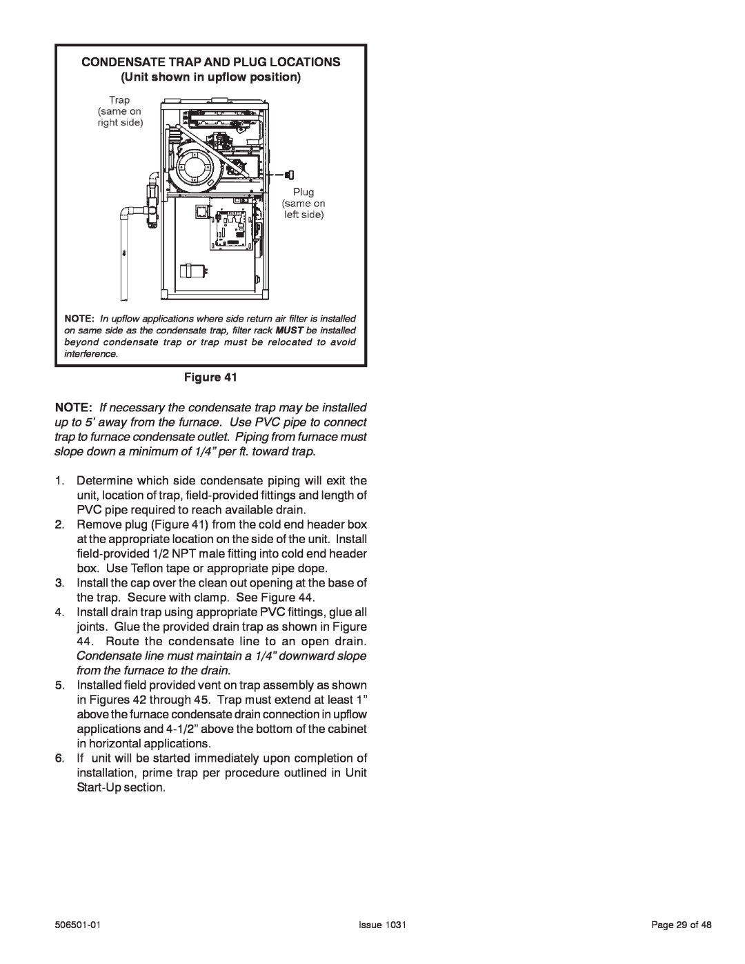 Allied Air Enterprises 95G1UH, A95UH Condensate Trap And Plug Locations, Unit shown in upflow position, Issue, Page 29 of 