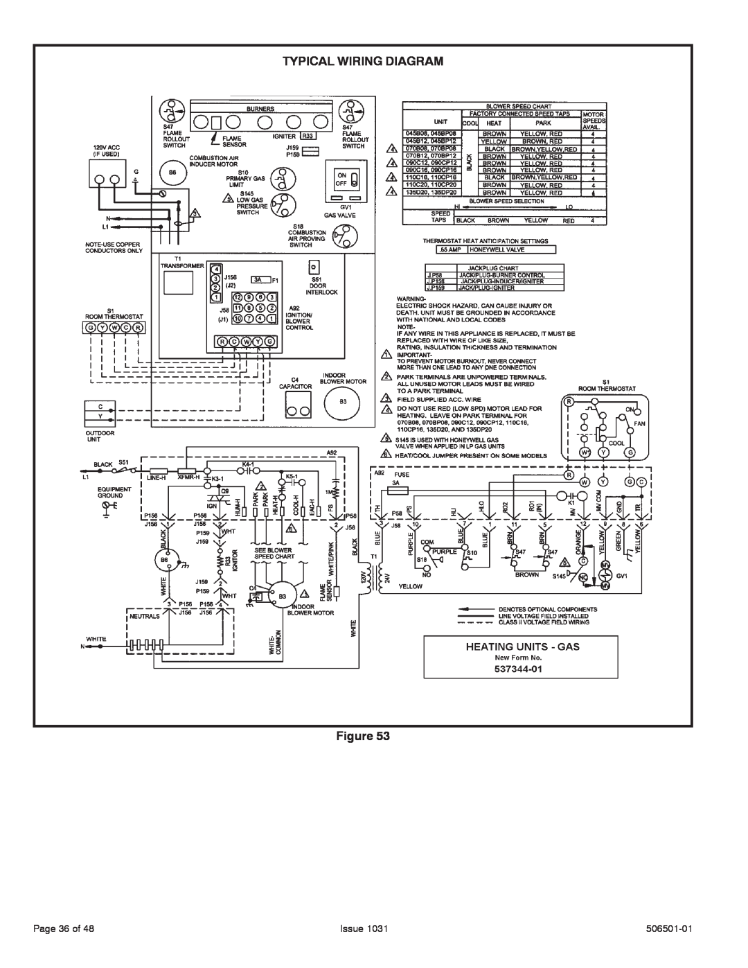 Allied Air Enterprises A95UH, 95G1UH, A93UH, 92G1UH TYPICAL WIRING DIAGRAM Figure, Page 36 of, Issue, 506501-01 