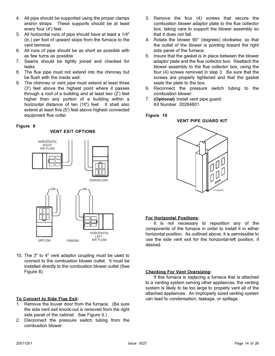 Allied Air Enterprises Upflow specifications Vent Exit Options, To Convert to Side Flue Exit, Vent Pipe Guard KIT 