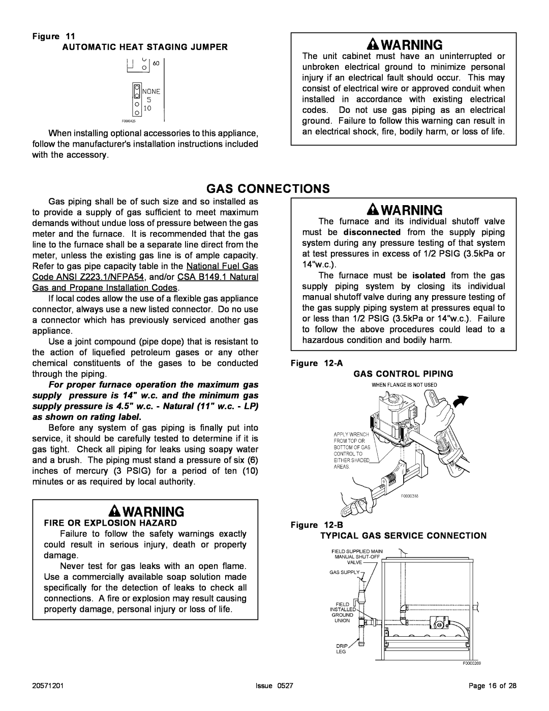 Allied Air Enterprises Upflow Gas Connections, Figure AUTOMATIC HEAT STAGING JUMPER, Fire Or Explosion Hazard 