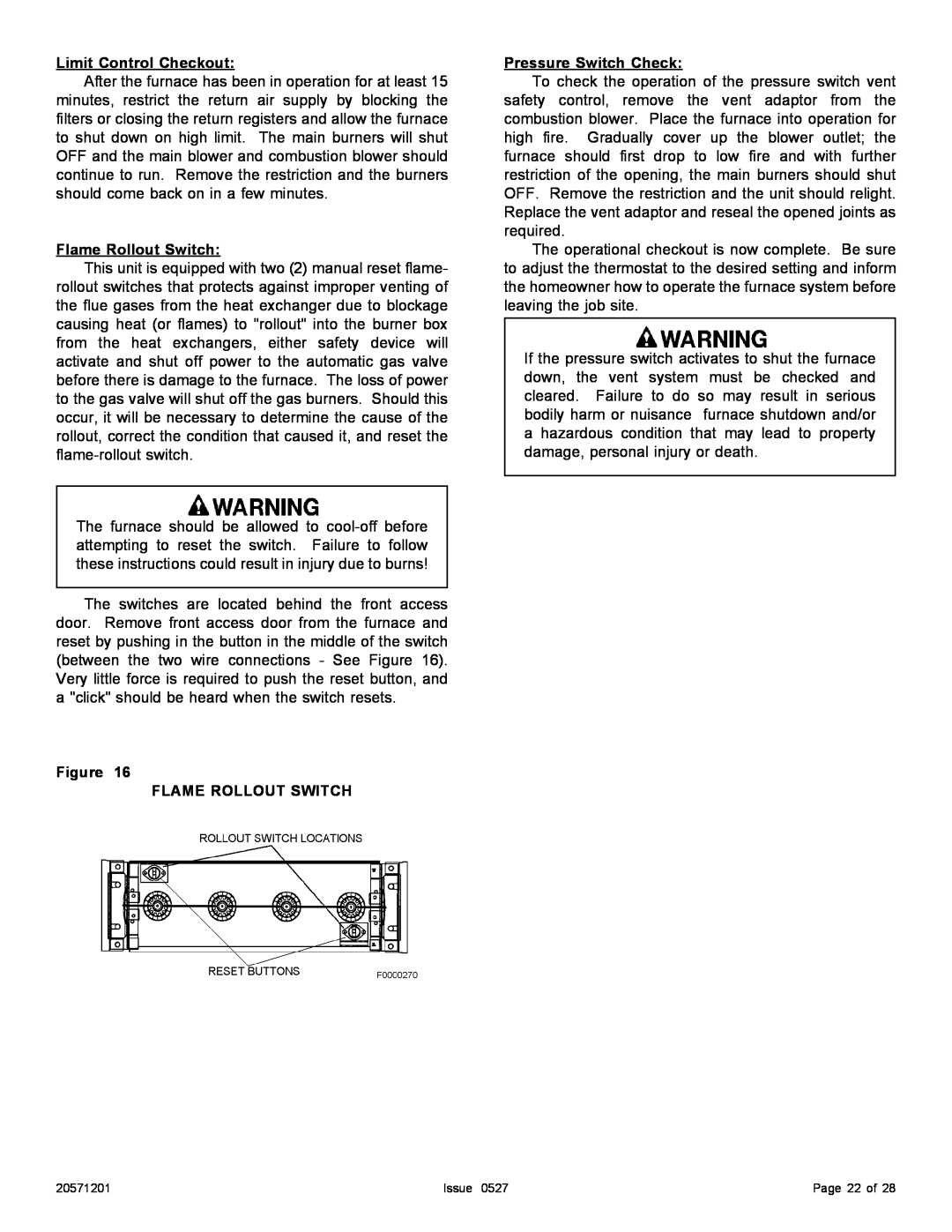 Allied Air Enterprises Upflow Limit Control Checkout, Flame Rollout Switch, Figure FLAME ROLLOUT SWITCH, Issue, Page 22 of 