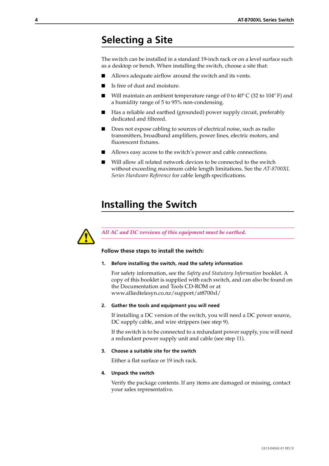 Allied International AT-8748XL manual Selecting a Site, Installing the Switch, Follow these steps to install the switch 