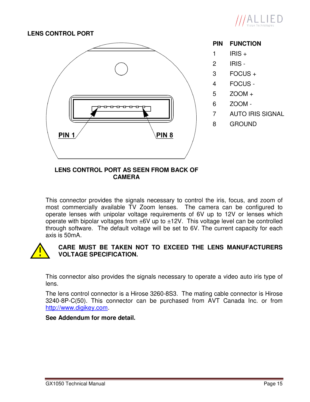 Allied International GX1050C manual Lens Control Port PIN Function 