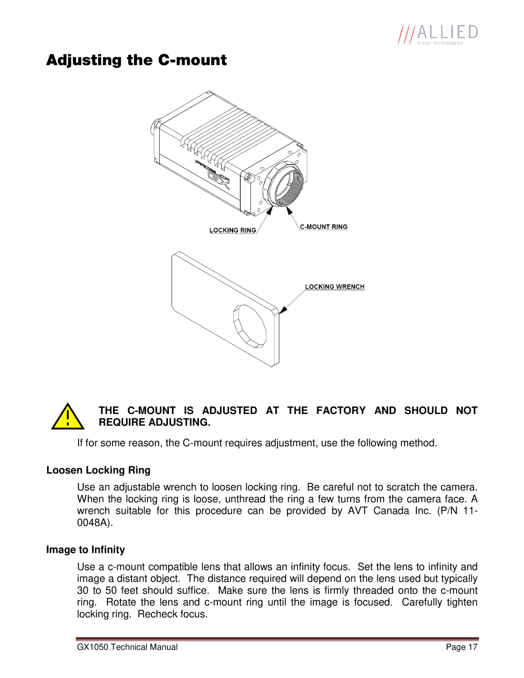 Allied International GX1050C manual Adjusting the C-mount, Loosen Locking Ring, Image to Infinity 