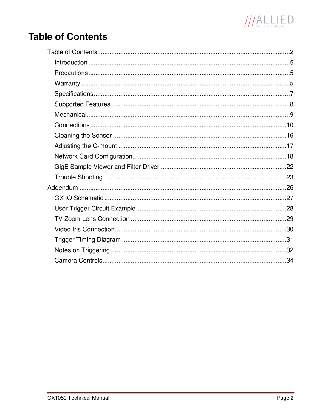 Allied International GX1050C manual Table of Contents 