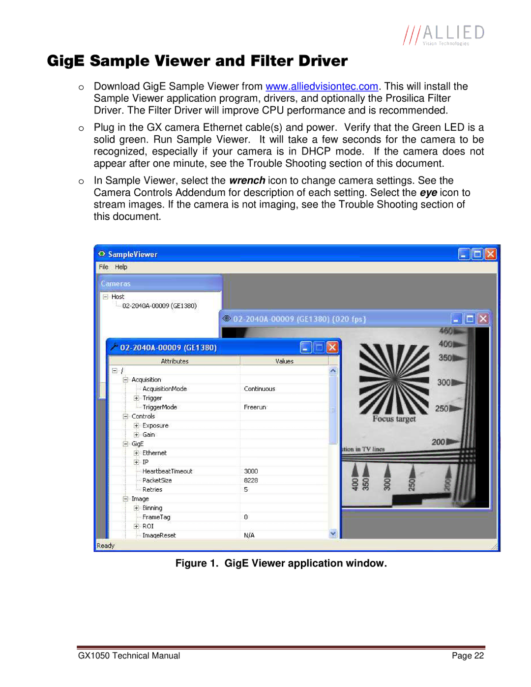 Allied International GX1050C manual GigE Sample Viewer and Filter Driver, GigE Viewer application window 