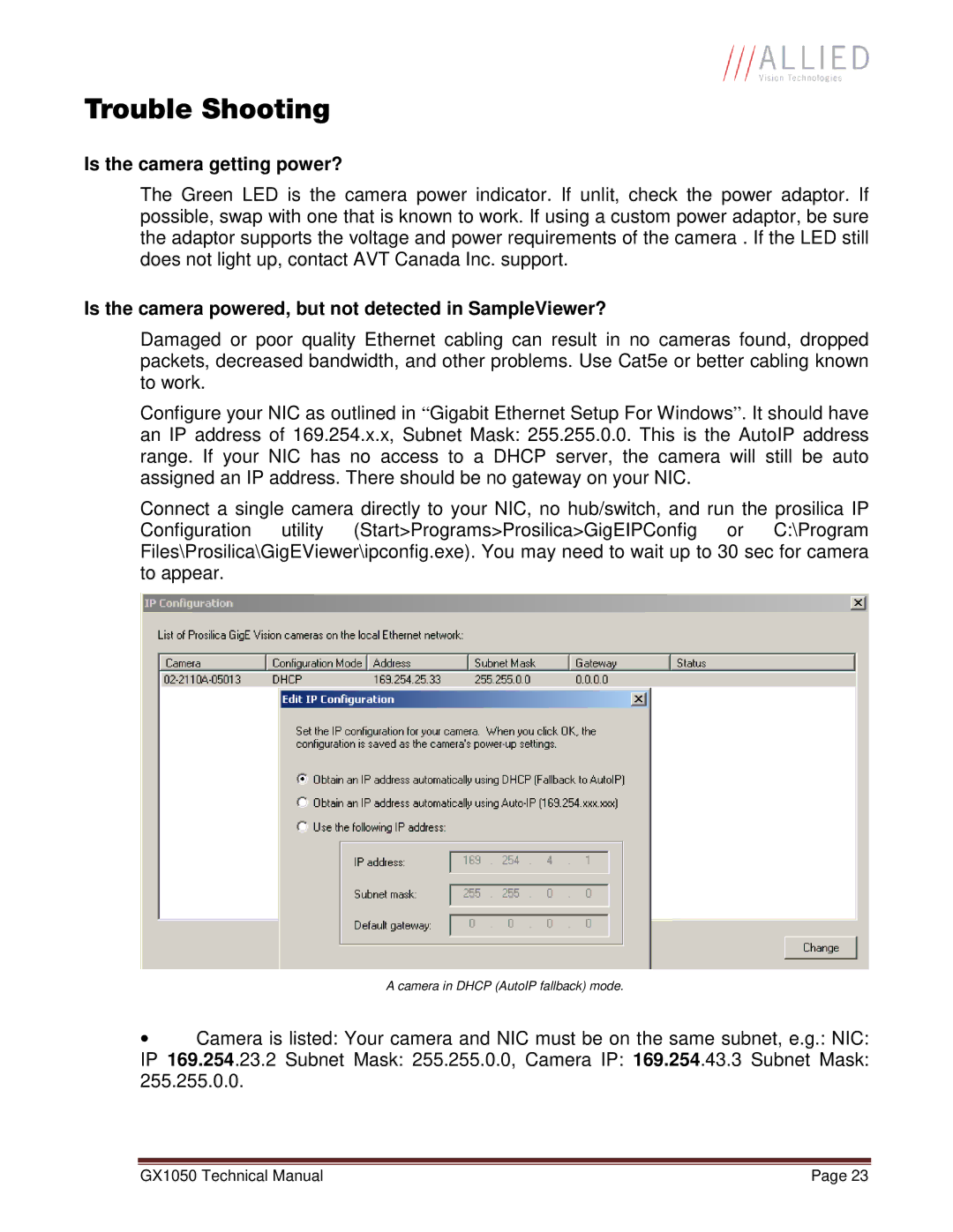 Allied International GX1050C manual Trouble Shooting, Is the camera getting power? 