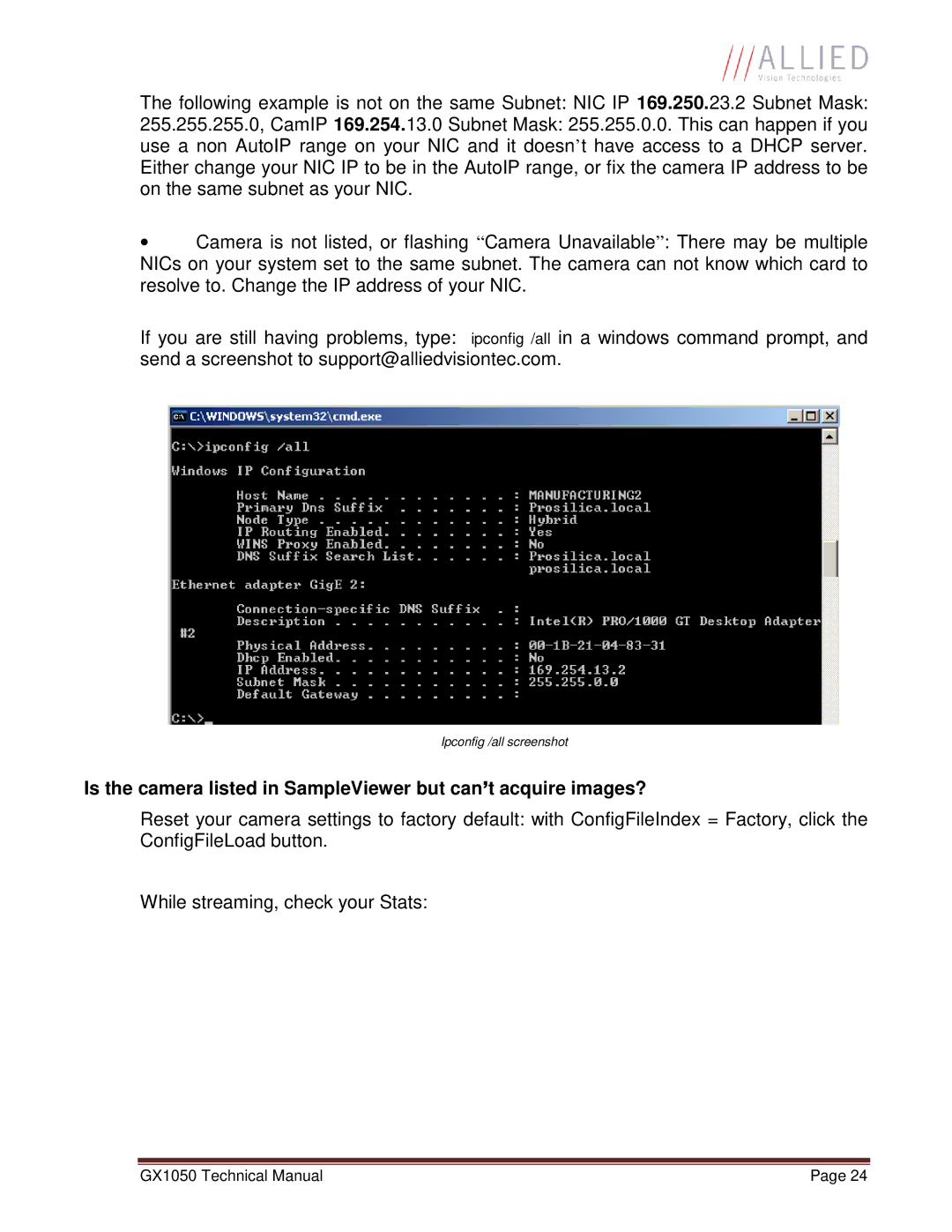 Allied International GX1050C manual Ipconfig /all screenshot 