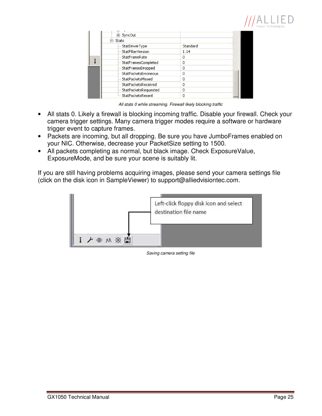 Allied International GX1050C manual Saving camera setting file 