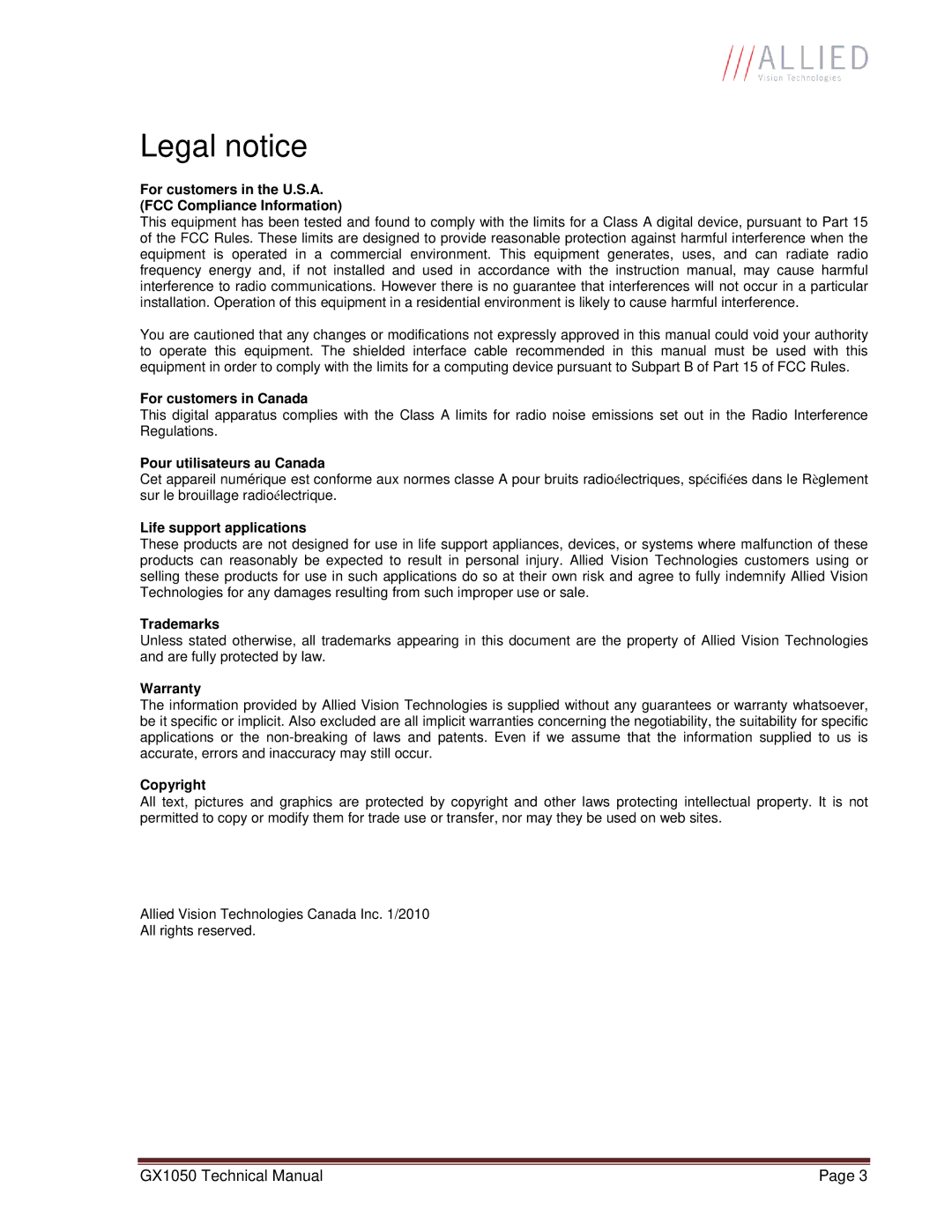 Allied International GX1050C manual Legal notice 