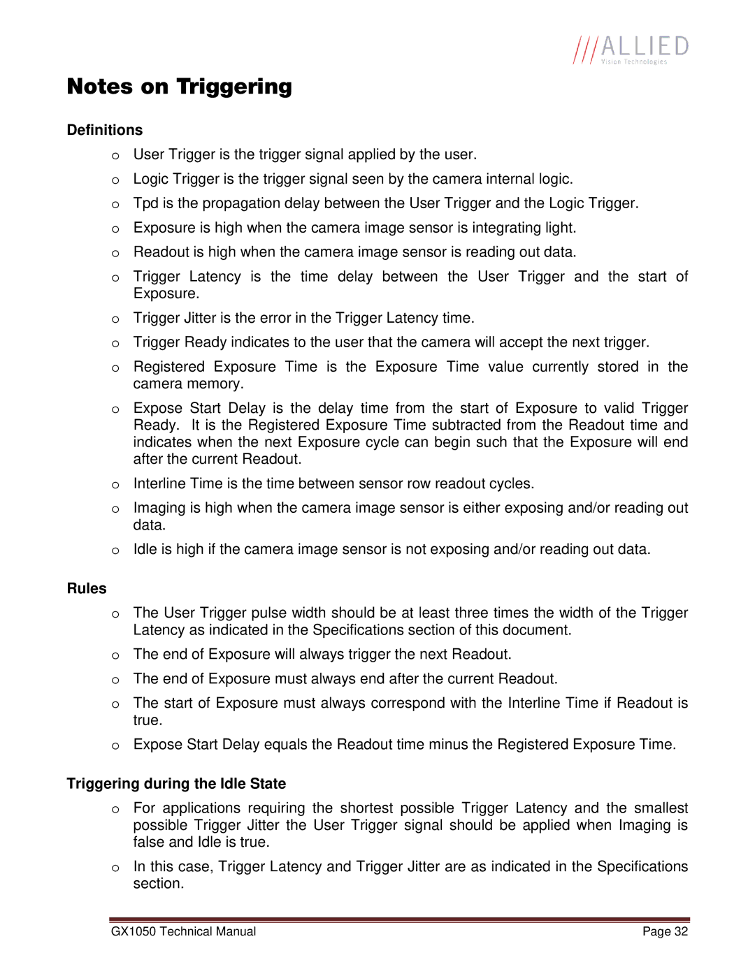 Allied International GX1050C manual Definitions, Rules, Triggering during the Idle State 