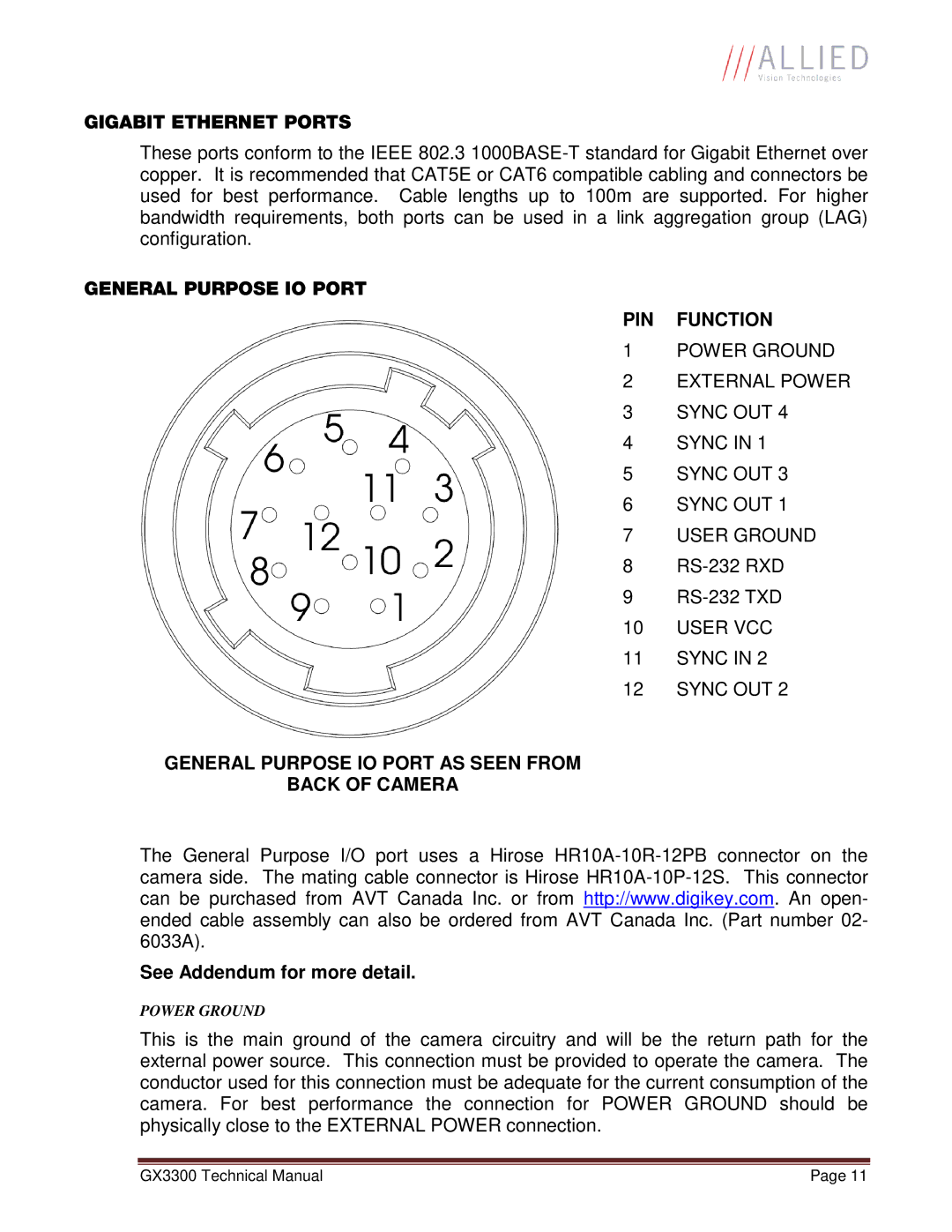 Allied International GX3300C manual PIN Function, General Purpose IO Port AS Seen from Back of Camera 
