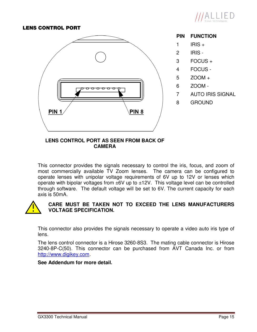 Allied International GX3300C manual PIN Function, Lens Control Port AS Seen from Back Camera 