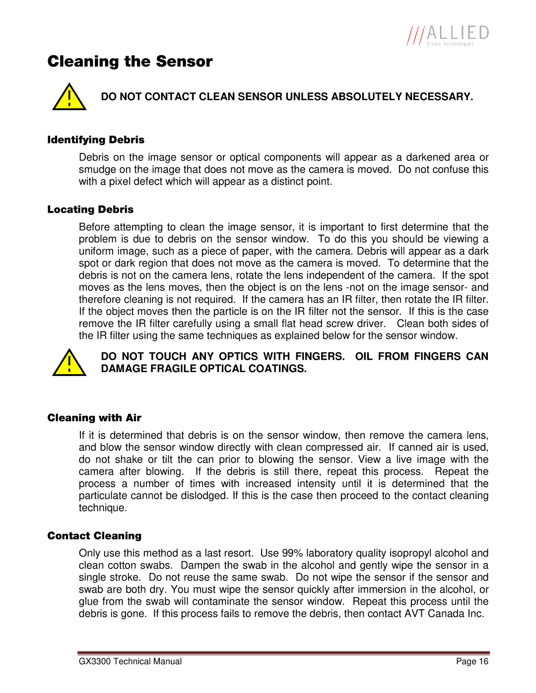 Allied International GX3300C manual Cleaning the Sensor, Do not Contact Clean Sensor Unless Absolutely Necessary 