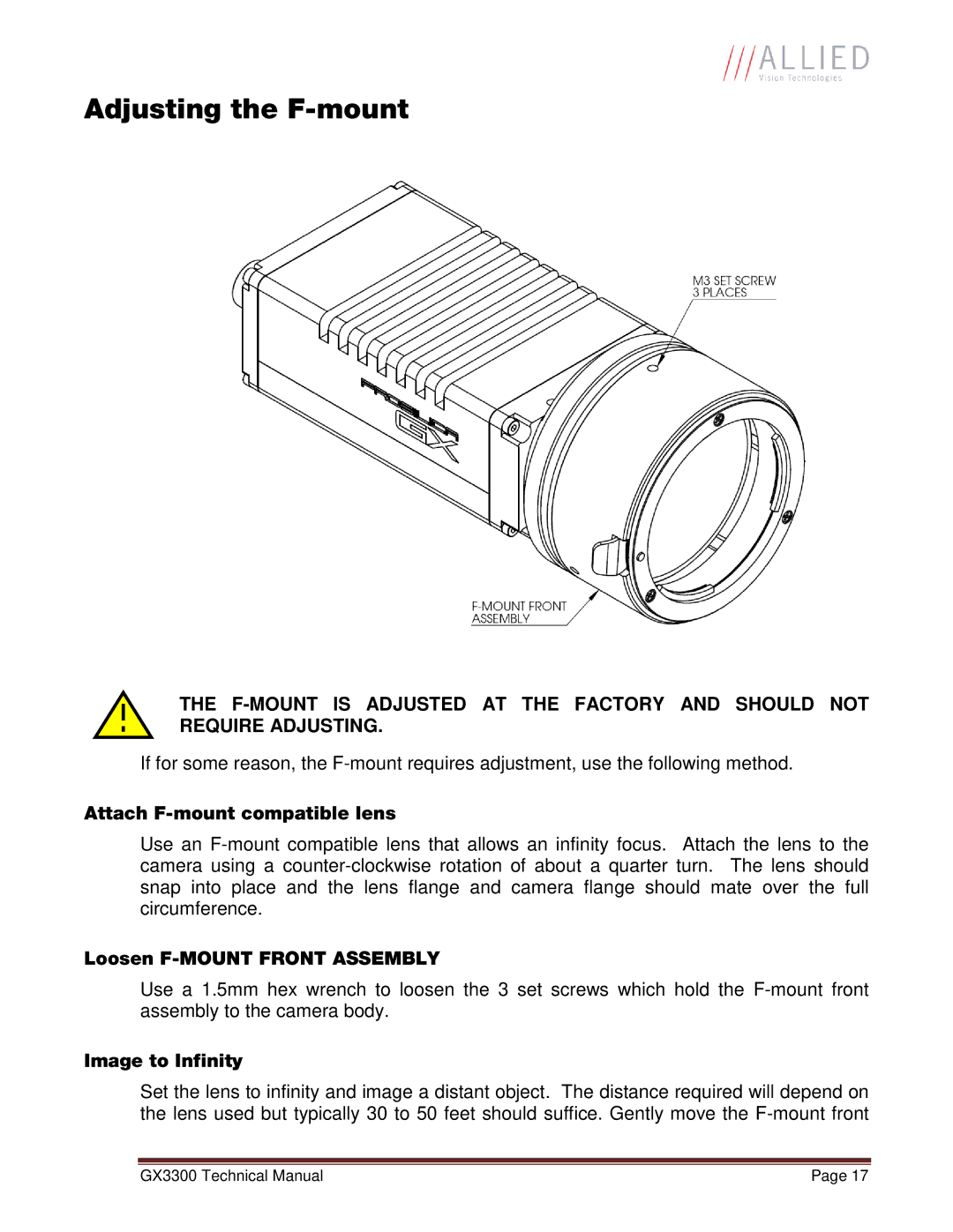 Allied International GX3300C manual Adjusting the F-mount 