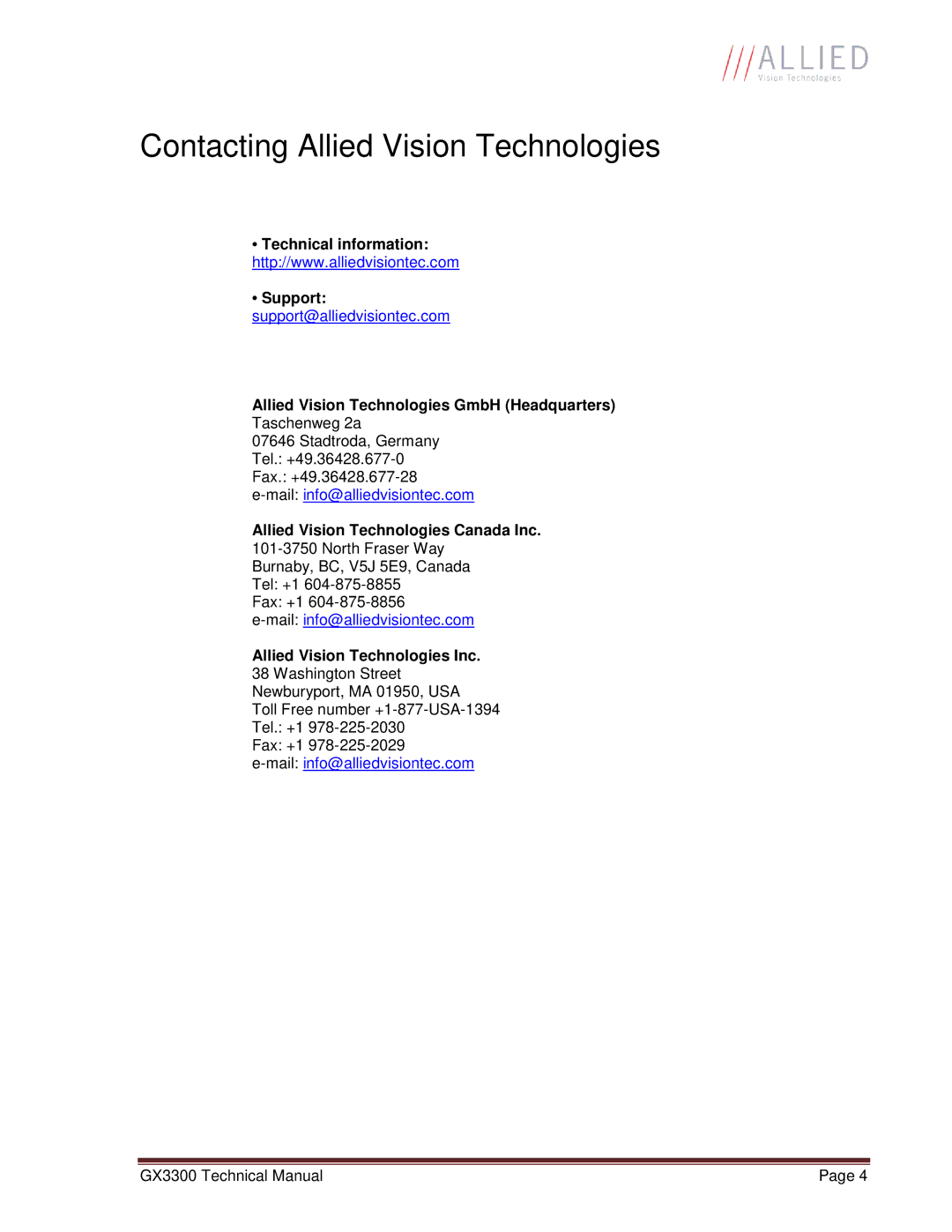 Allied International GX3300C manual Contacting Allied Vision Technologies 