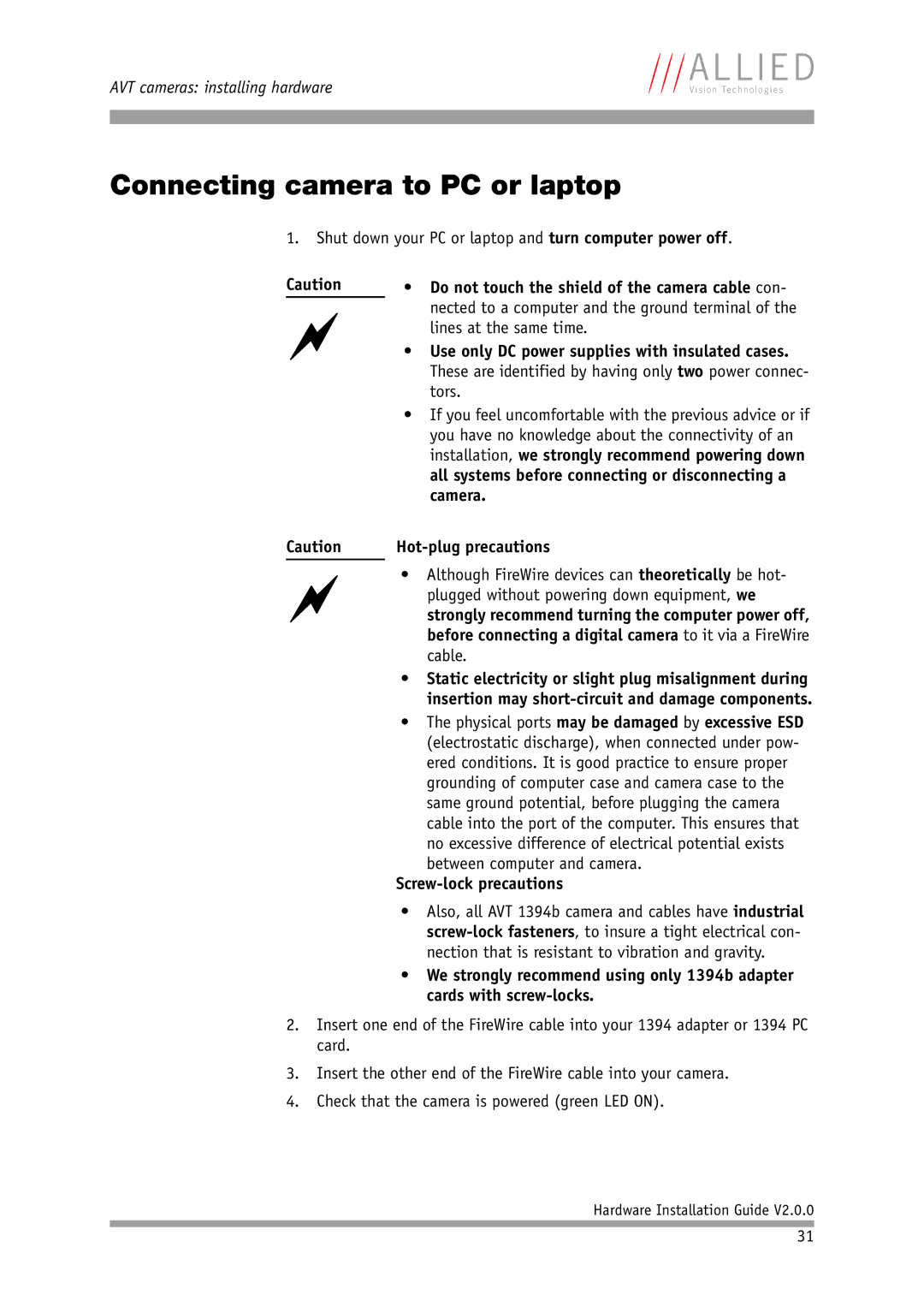 Allied International Home Security System manual Connecting camera to PC or laptop, Camera, Hot-plug precautions 