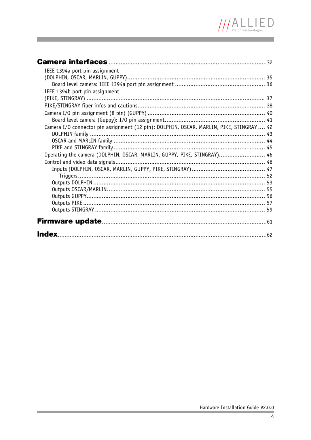 Allied International Home Security System Camera interfaces Ieee 1394a port pin assignment, Control and video data signals 