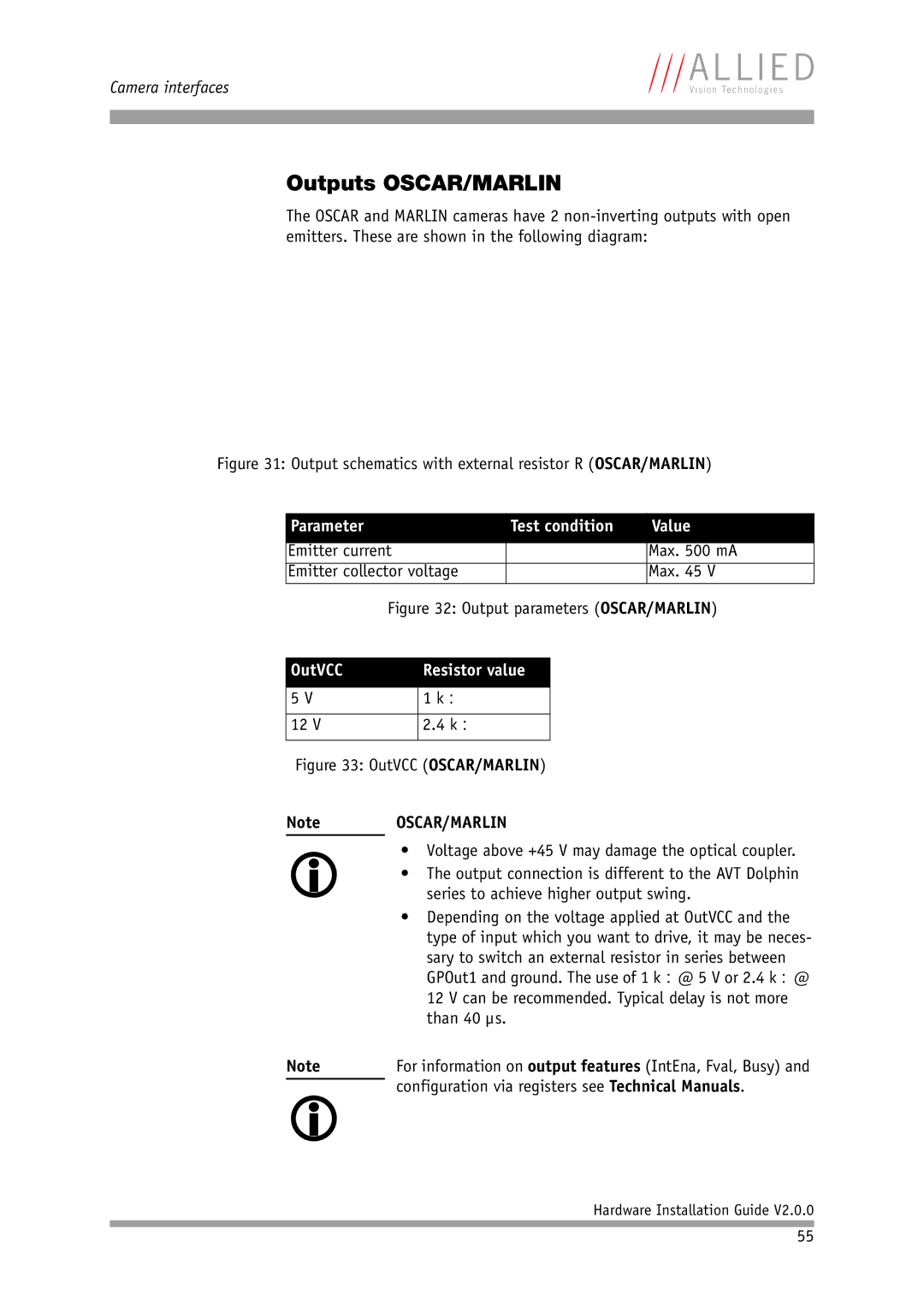 Allied International Home Security System manual Outputs OSCAR/MARLIN, Emitter current Max mA Emitter collector voltage 