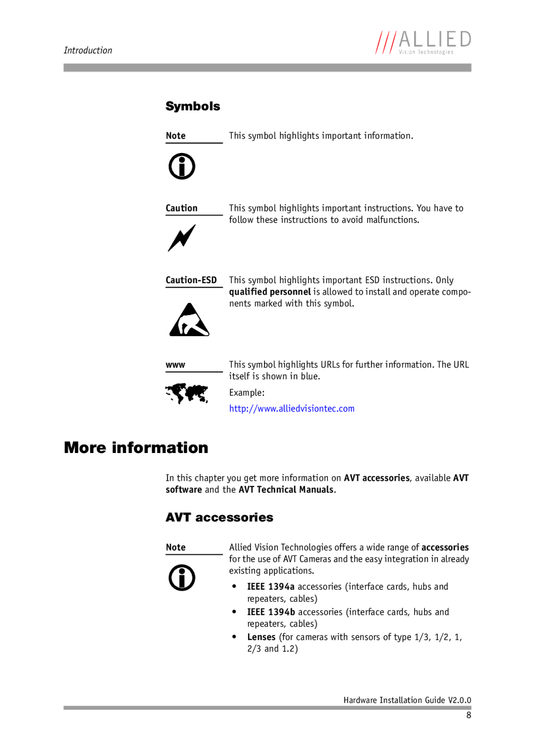 Allied International Home Security System manual More information, Symbols, AVT accessories, Existing applications 