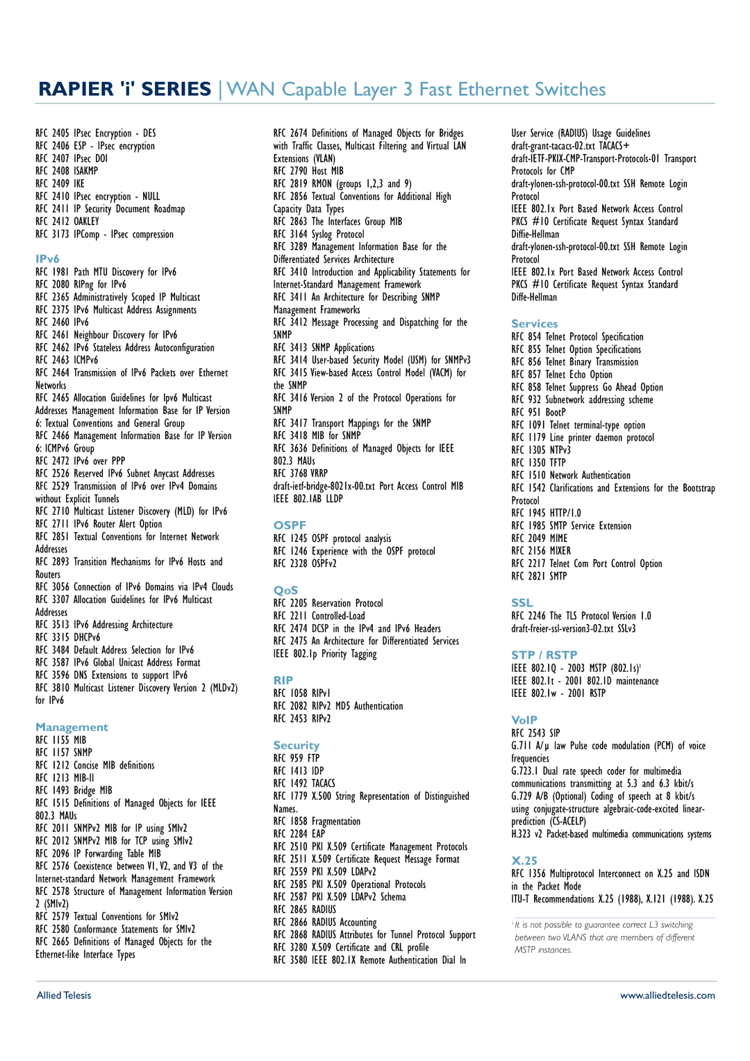 Allied Telesis 24i, 16fi, 48i manual Ospf, Rip, Ssl, STP / Rstp 