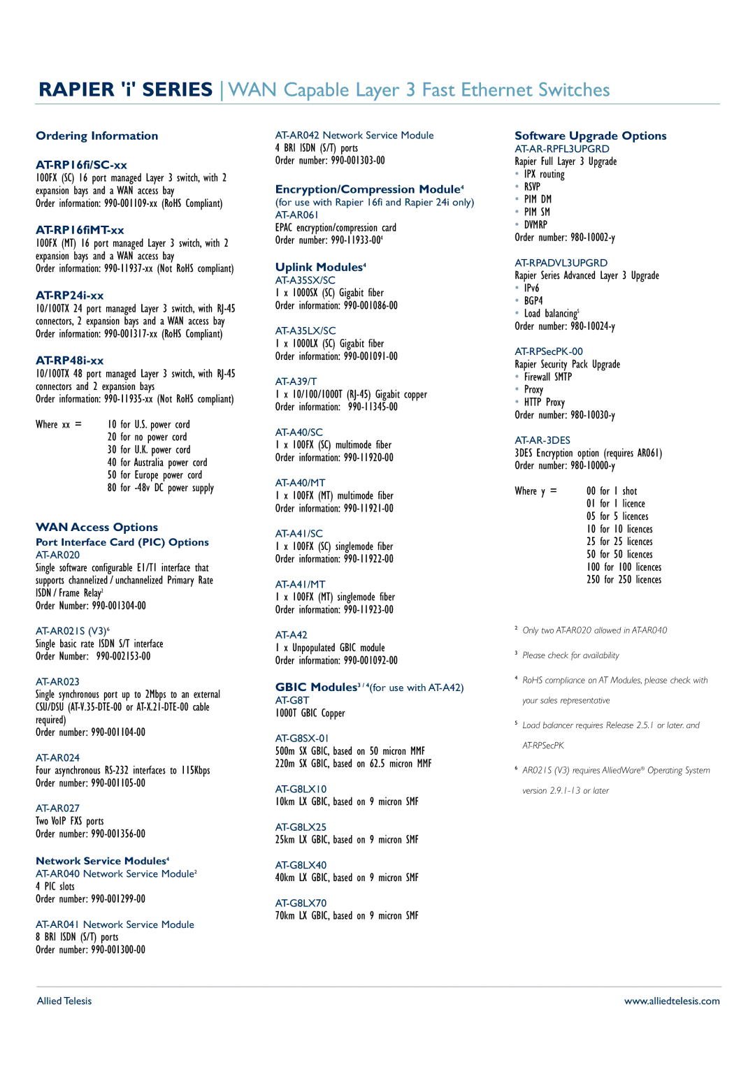 Allied Telesis manual Ordering Information AT-RP16fi/SC-xx, AT-RP16fiMT-xx, AT-RP24i-xx, AT-RP48i-xx, WAN Access Options 