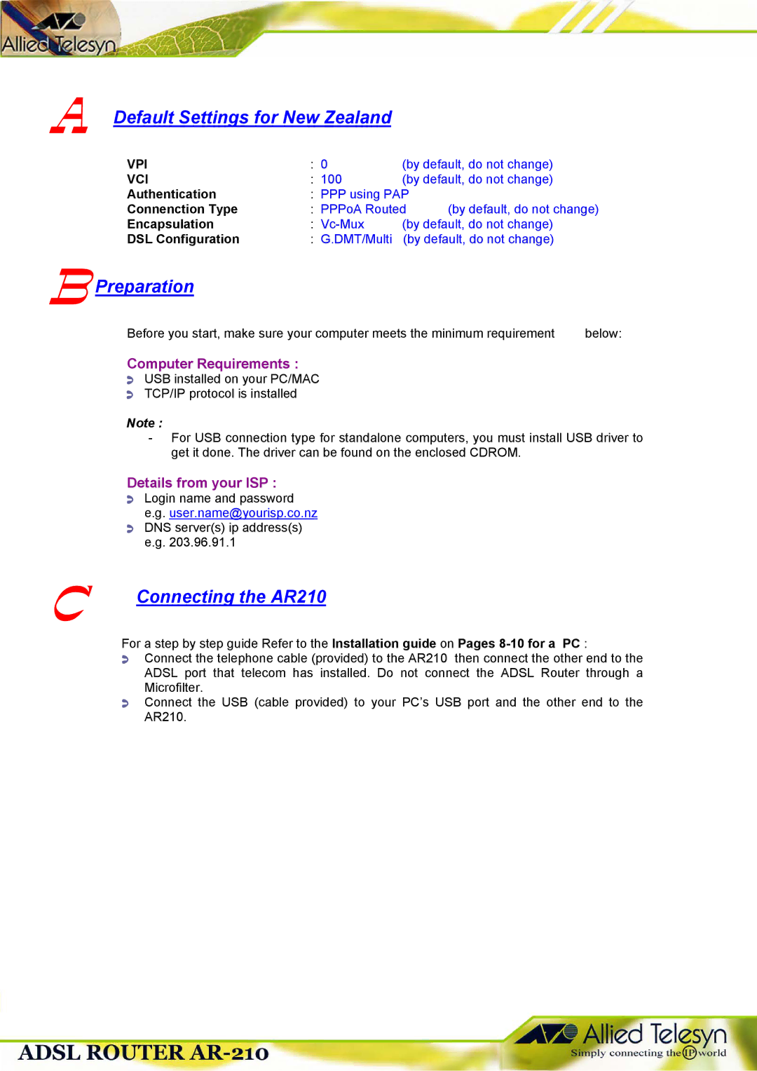 Allied Telesis 210 manual Default Settings for New Zealand, Preparation 