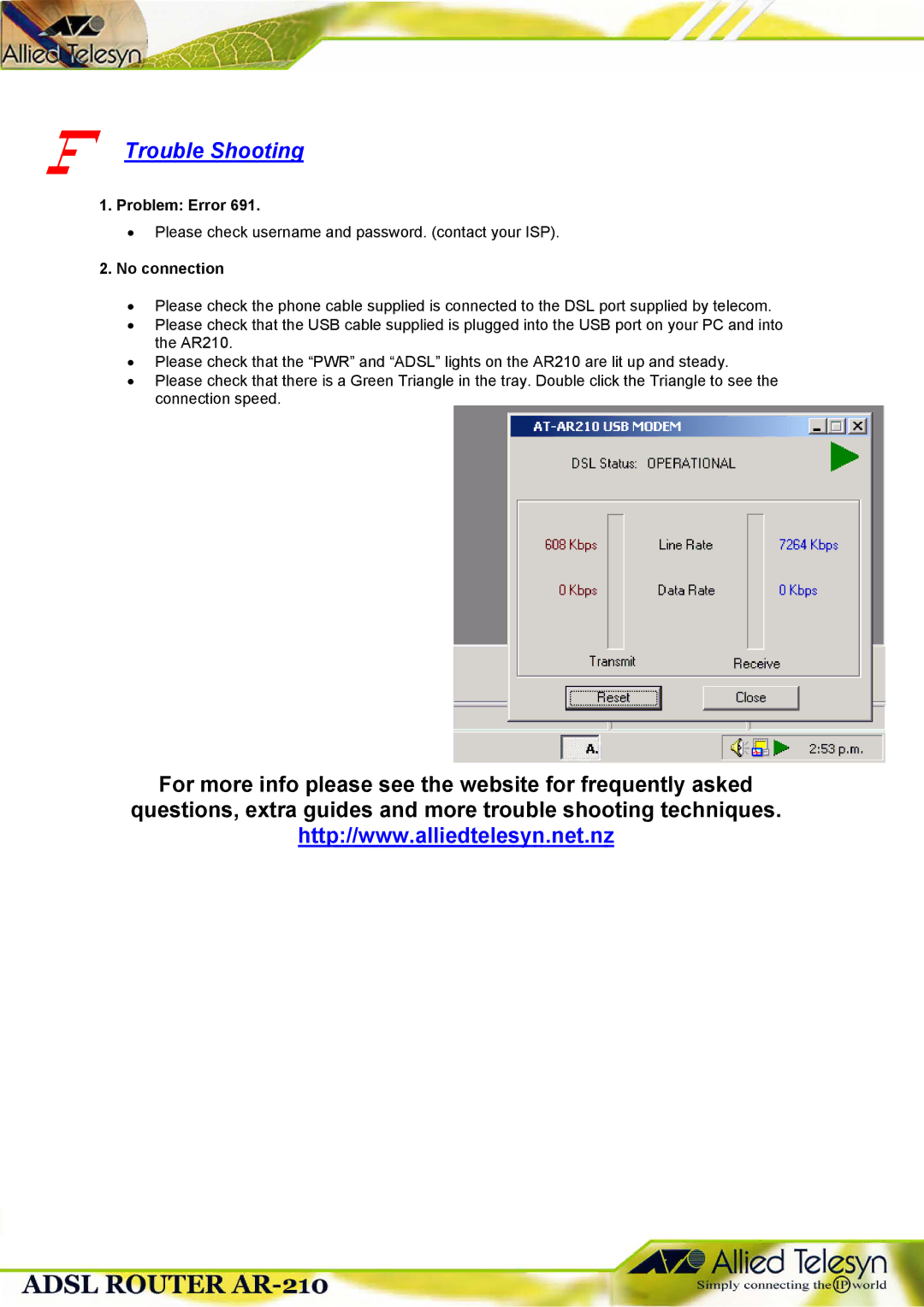 Allied Telesis 210 manual Trouble Shooting, Problem Error, No connection 