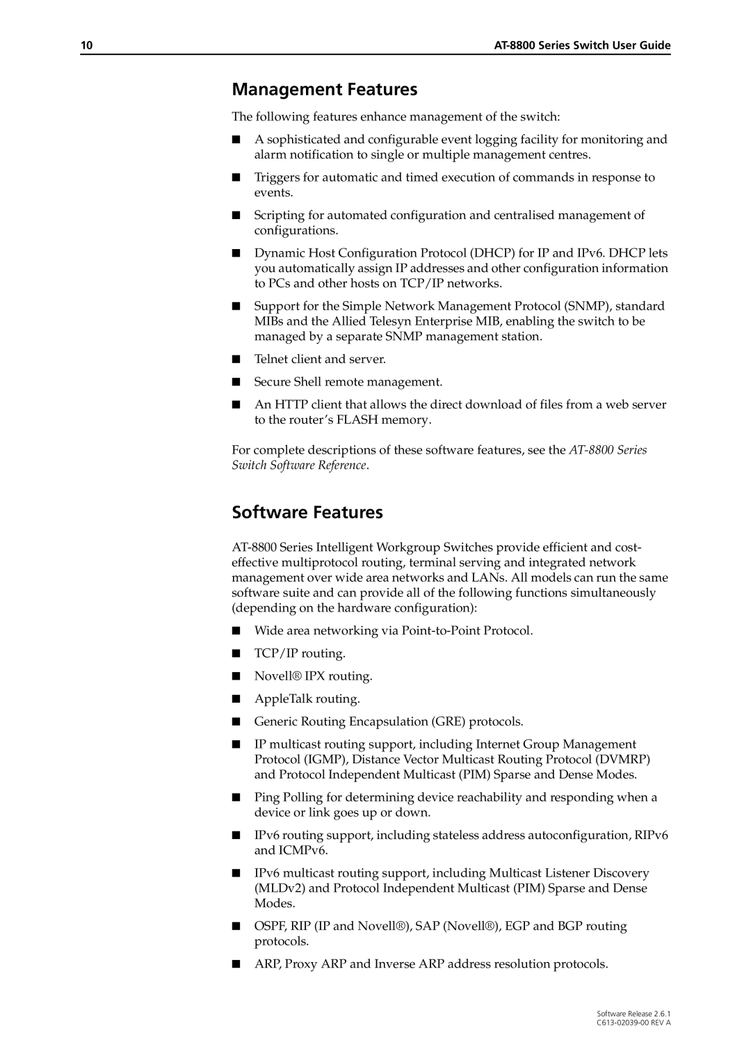 Allied Telesis 2.6.1 manual Management Features, Software Features 