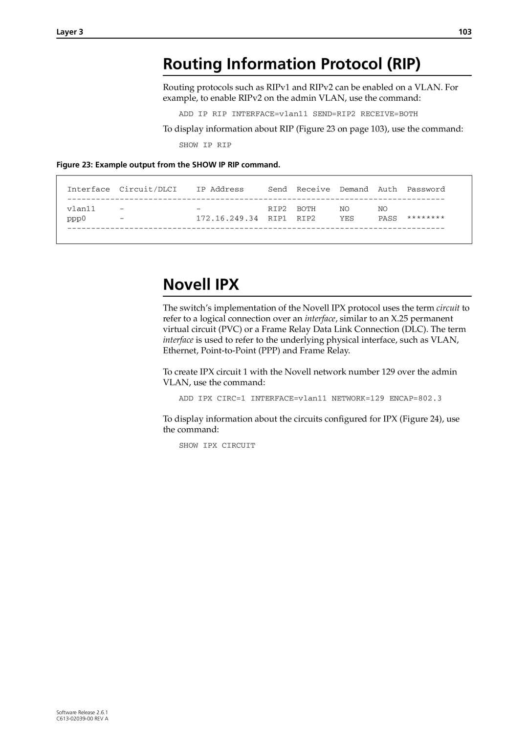 Allied Telesis 2.6.1 manual Routing Information Protocol RIP, Novell IPX, Layer 103 