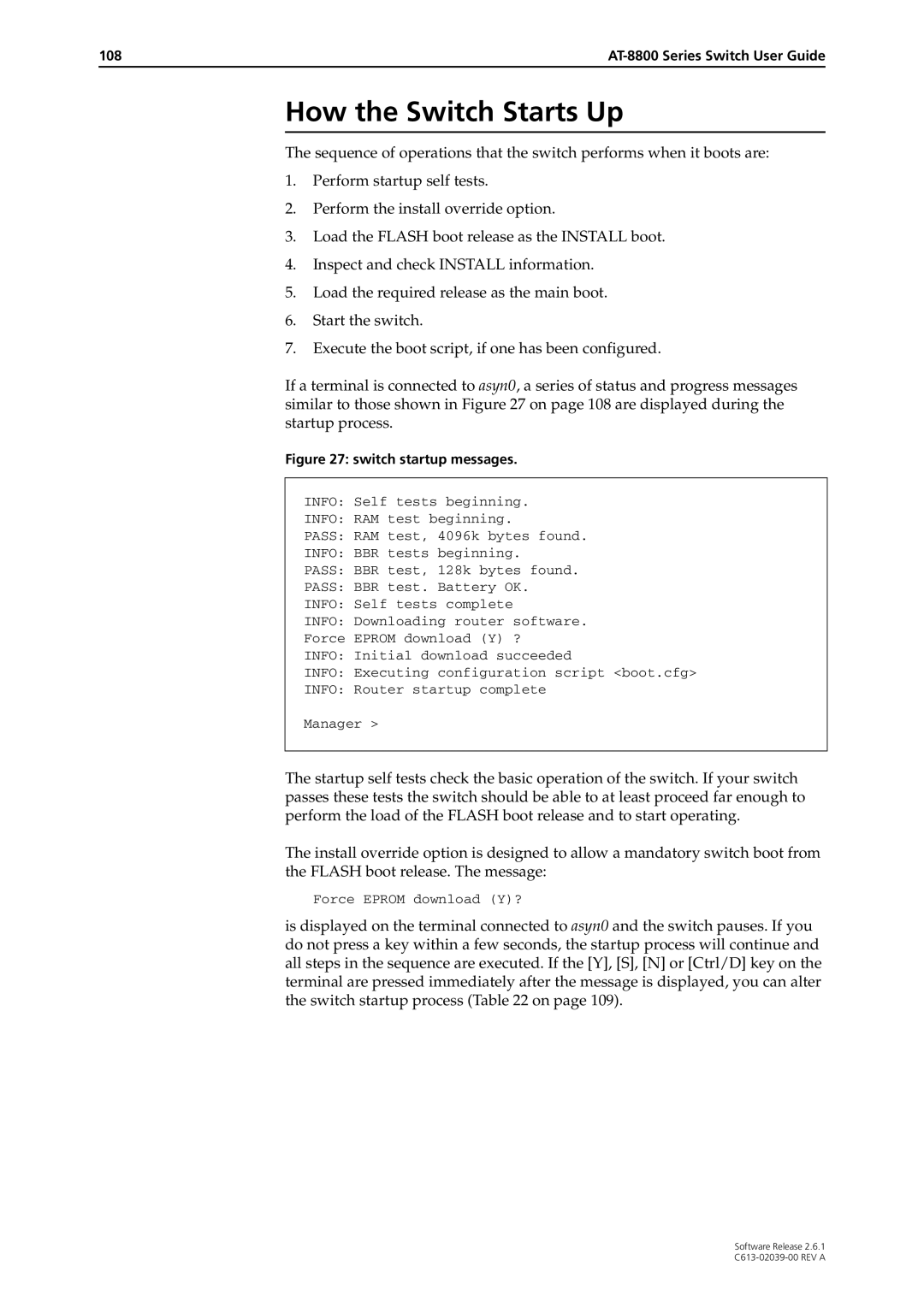 Allied Telesis 2.6.1 manual How the Switch Starts Up, Switch startup messages 