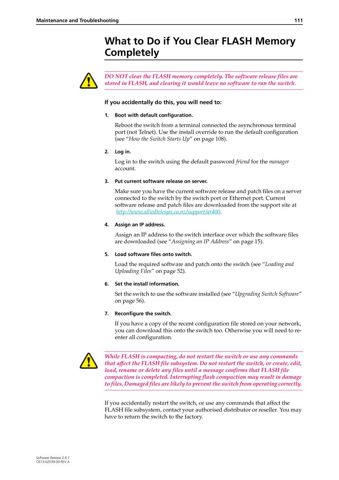 Allied Telesis 2.6.1 manual What to Do if You Clear Flash Memory Completely, If you accidentally do this, you will need to 