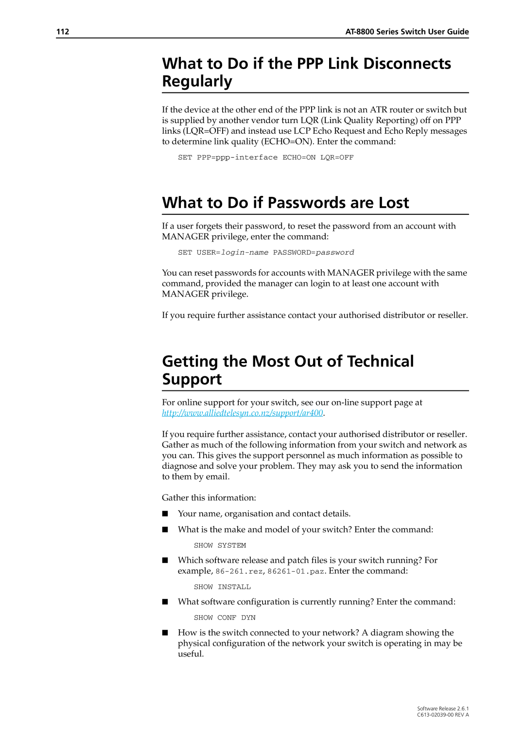 Allied Telesis 2.6.1 manual What to Do if the PPP Link Disconnects Regularly, What to Do if Passwords are Lost 