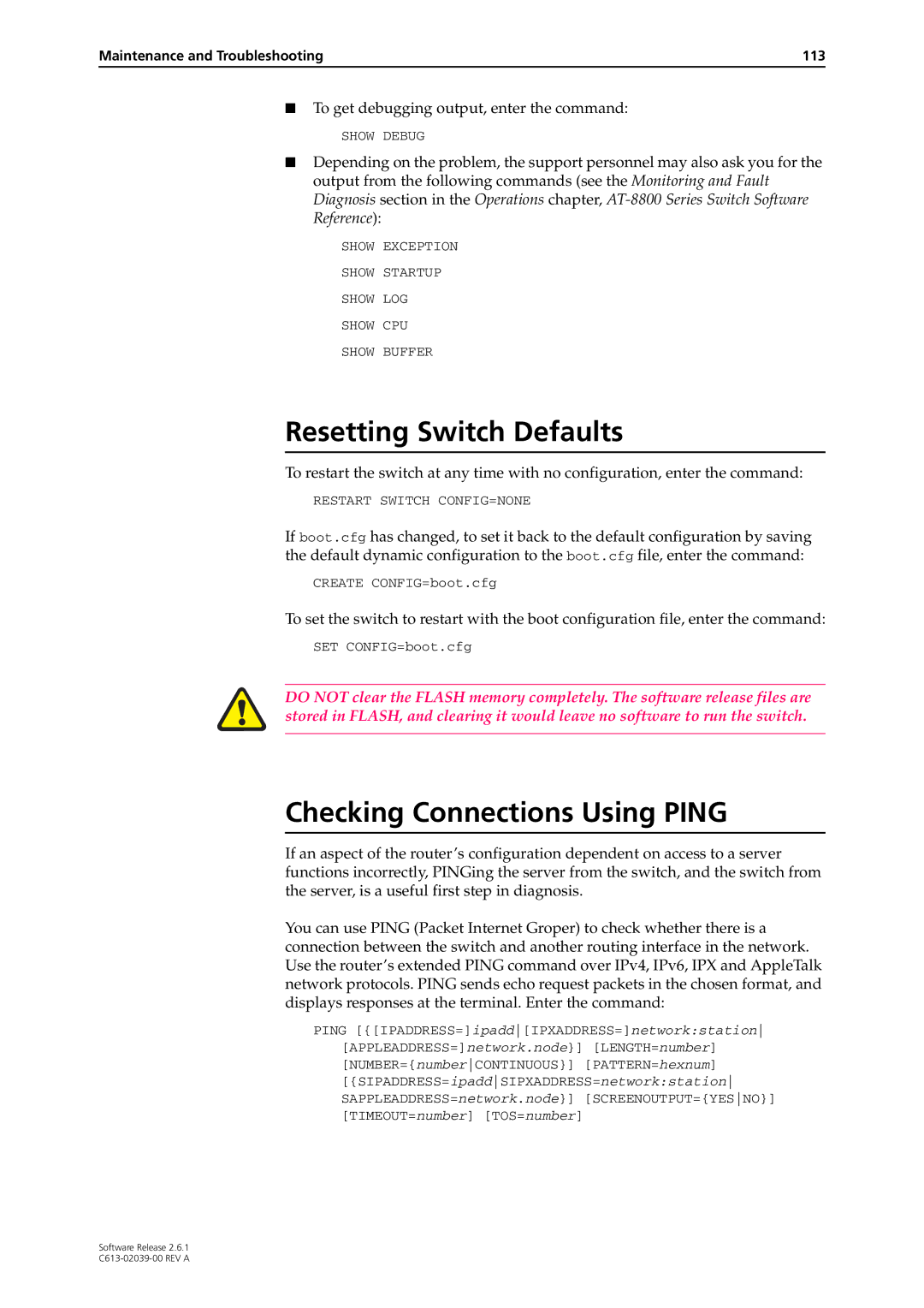 Allied Telesis 2.6.1 manual Resetting Switch Defaults, Checking Connections Using Ping, Maintenance and Troubleshooting 113 