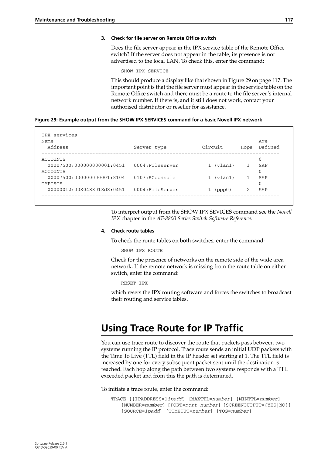 Allied Telesis 2.6.1 manual Using Trace Route for IP Traffic, Check route tables 