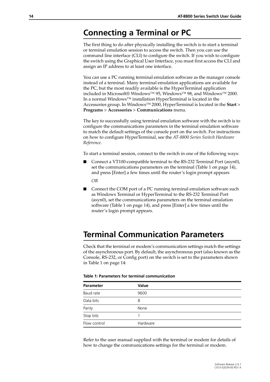 Allied Telesis 2.6.1 manual Connecting a Terminal or PC, Terminal Communication Parameters 