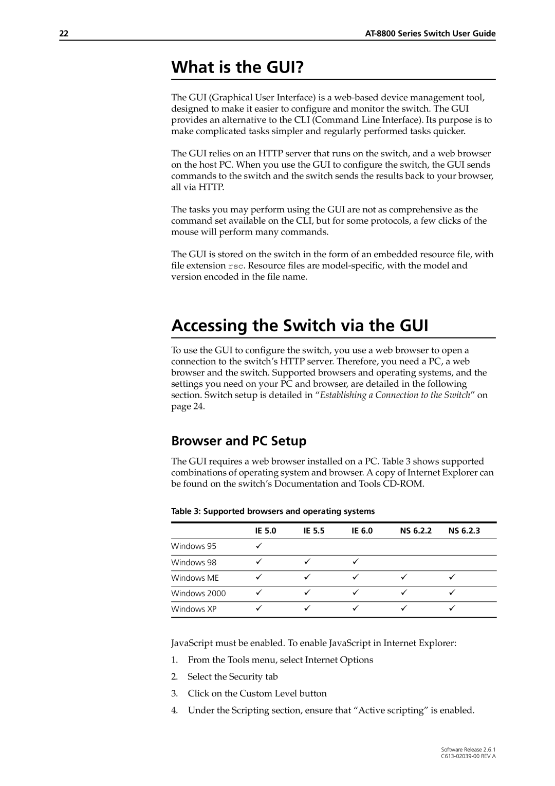 Allied Telesis 2.6.1 manual What is the GUI?, Accessing the Switch via the GUI, Browser and PC Setup 