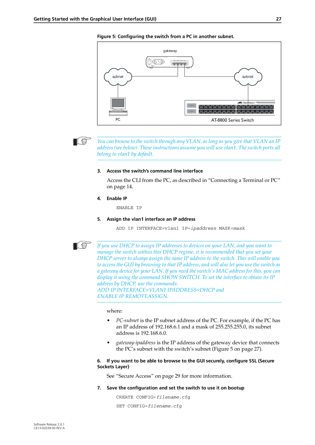 Allied Telesis 2.6.1 manual See Secure Access on page 29 for more information, Assign the vlan1 interface an IP address 