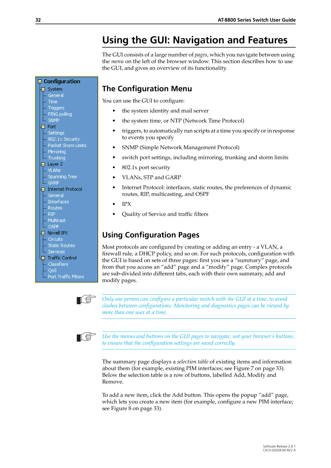 Allied Telesis 2.6.1 manual Using the GUI Navigation and Features, Configuration Menu, Using Configuration Pages 