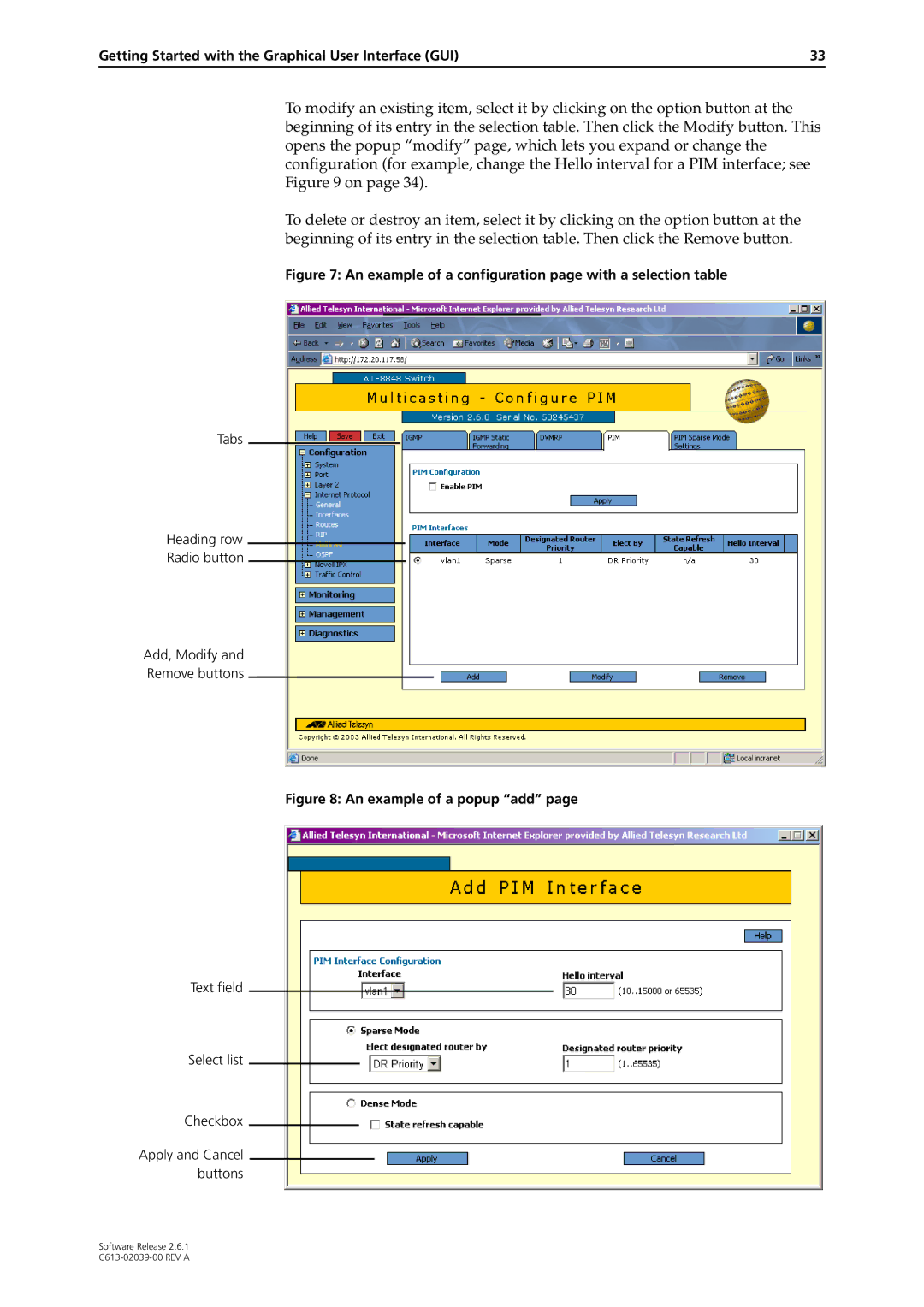 Allied Telesis 2.6.1 manual An example of a configuration page with a selection table 