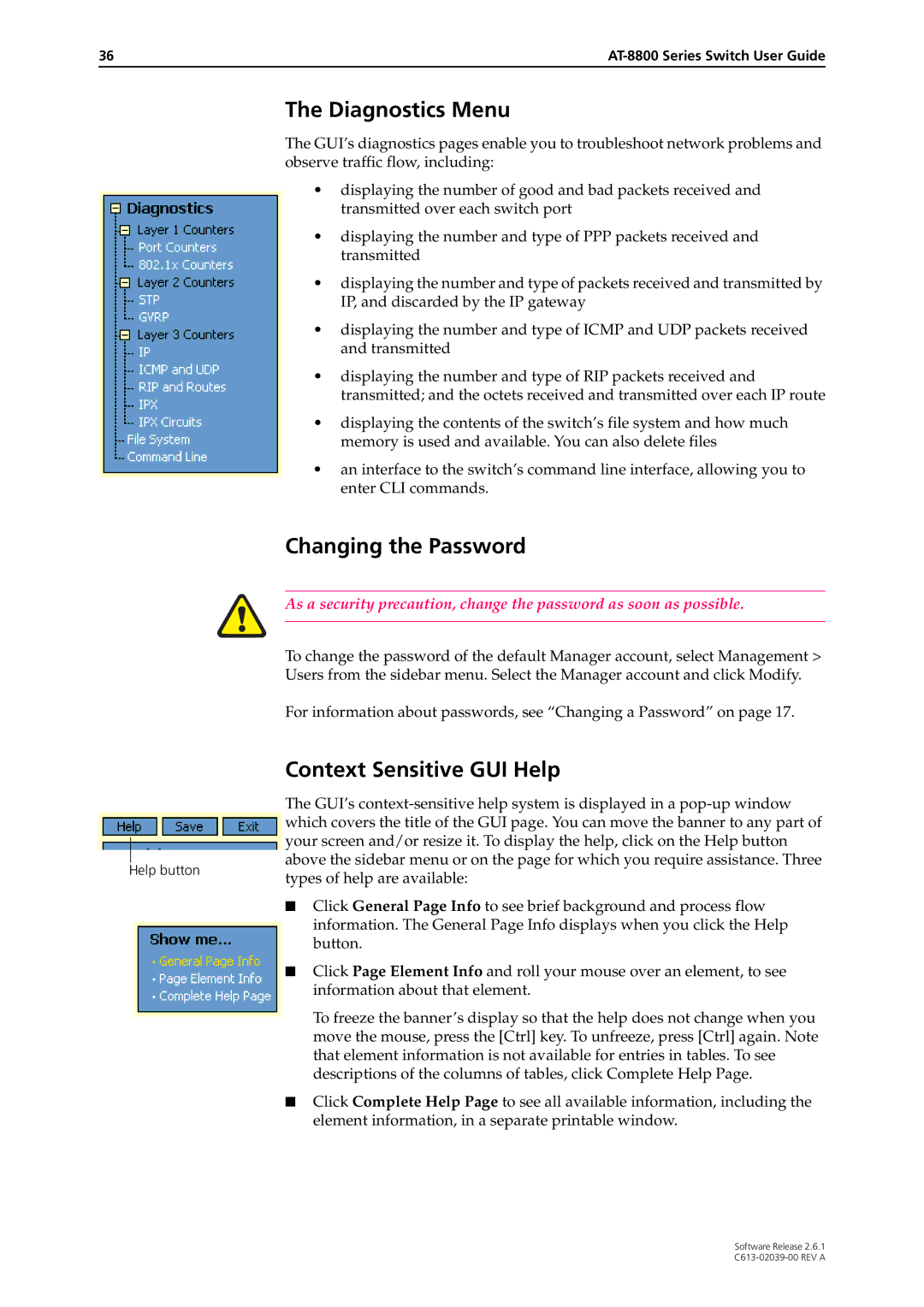 Allied Telesis 2.6.1 manual Diagnostics Menu, Changing the Password, Context Sensitive GUI Help 