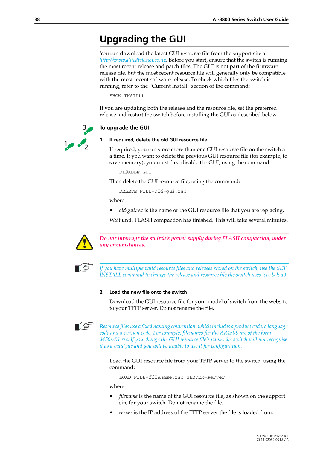 Allied Telesis 2.6.1 manual Upgrading the GUI, To upgrade the GUI, Then delete the GUI resource file, using the command 