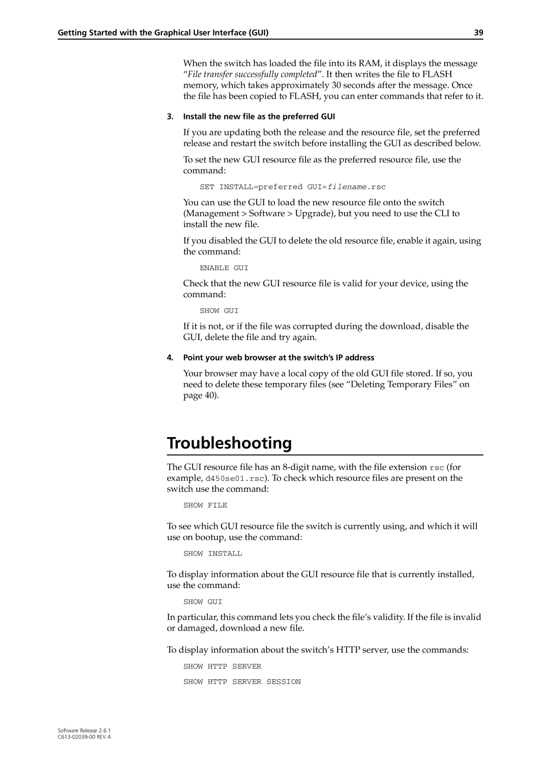 Allied Telesis 2.6.1 manual Troubleshooting, Install the new file as the preferred GUI 