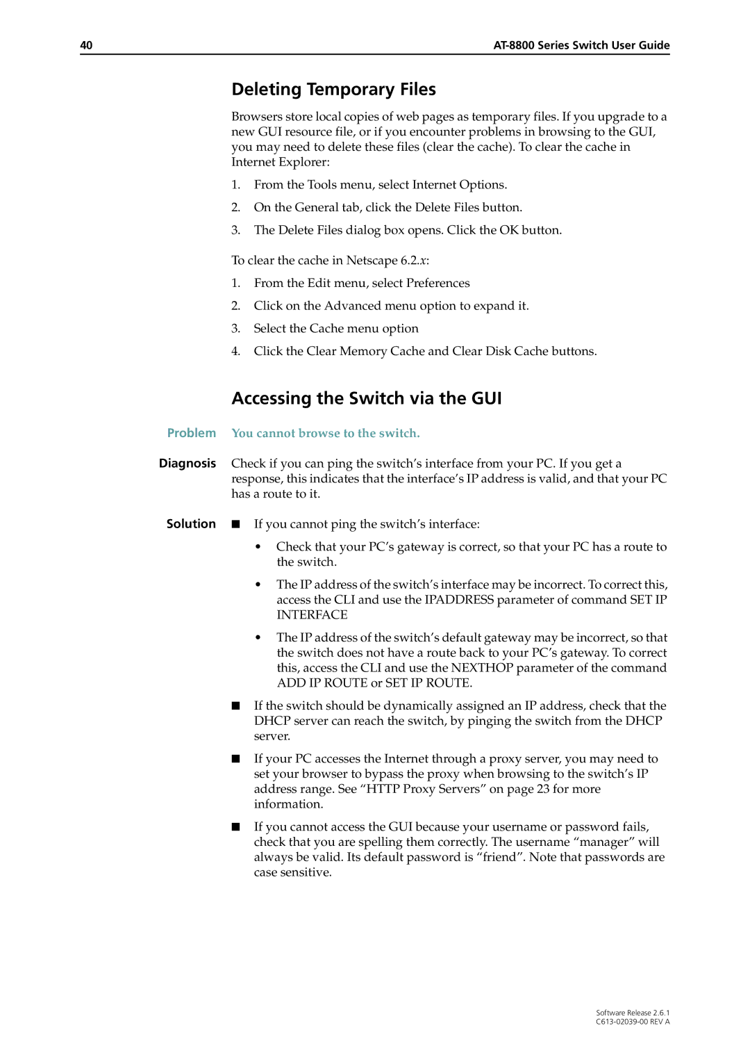 Allied Telesis 2.6.1 manual Deleting Temporary Files, Accessing the Switch via the GUI 