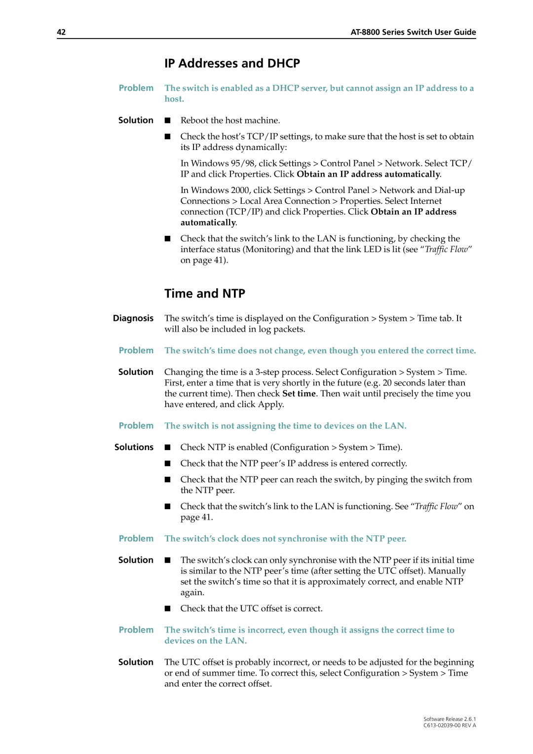 Allied Telesis 2.6.1 manual IP Addresses and Dhcp, Time and NTP, Diagnosis, Solutions 