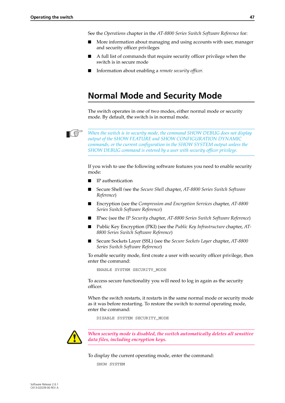 Allied Telesis 2.6.1 manual Normal Mode and Security Mode, To display the current operating mode, enter the command 