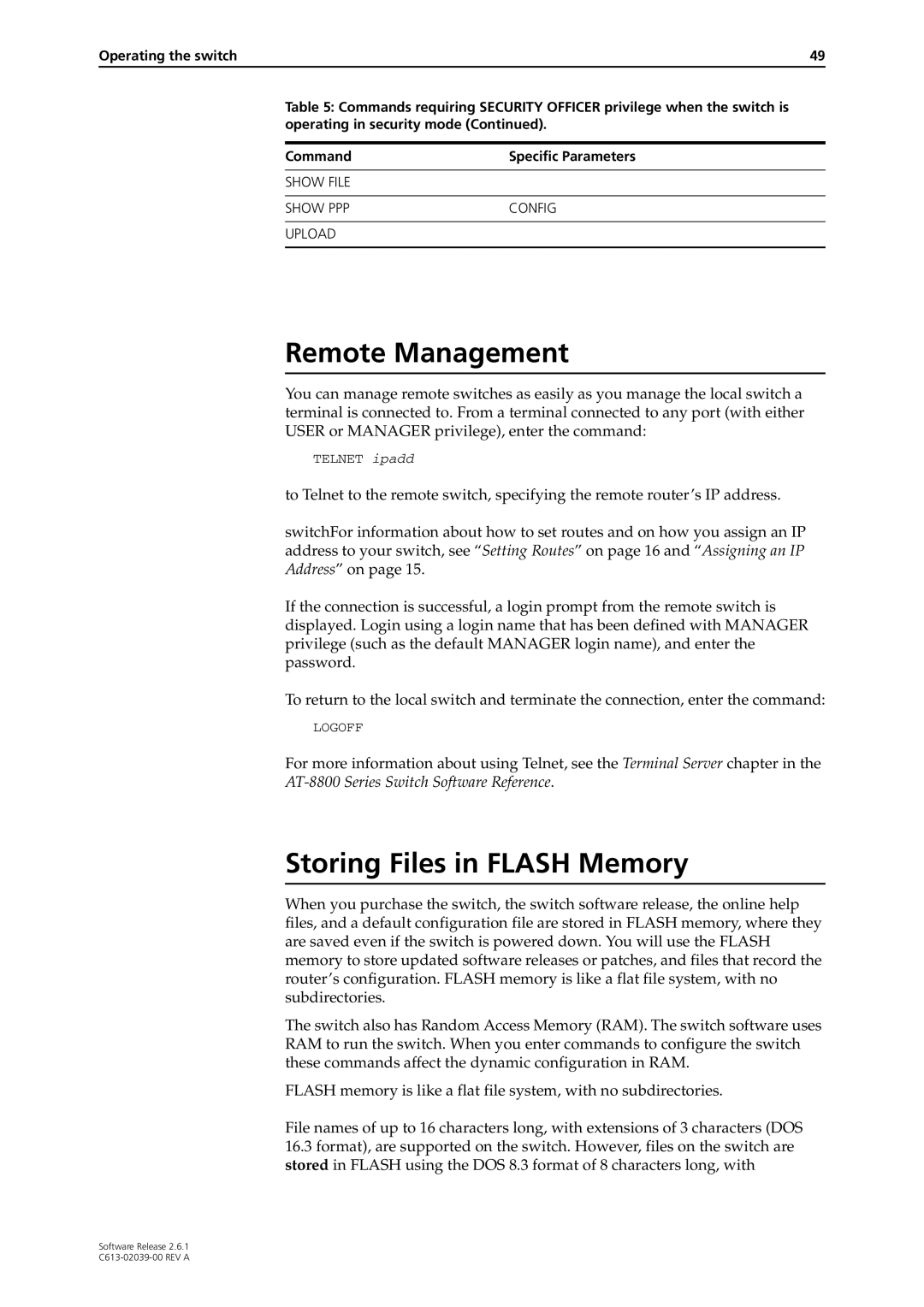 Allied Telesis 2.6.1 manual Remote Management, Storing Files in Flash Memory 