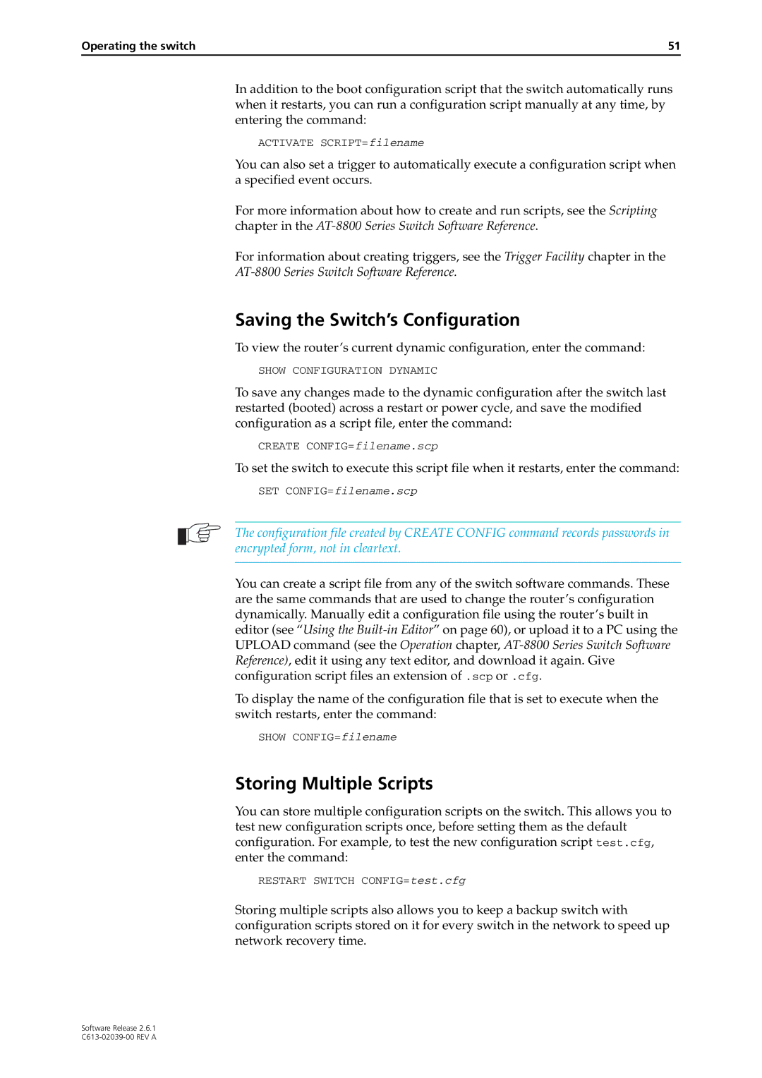 Allied Telesis 2.6.1 manual Saving the Switch’s Configuration, Storing Multiple Scripts 