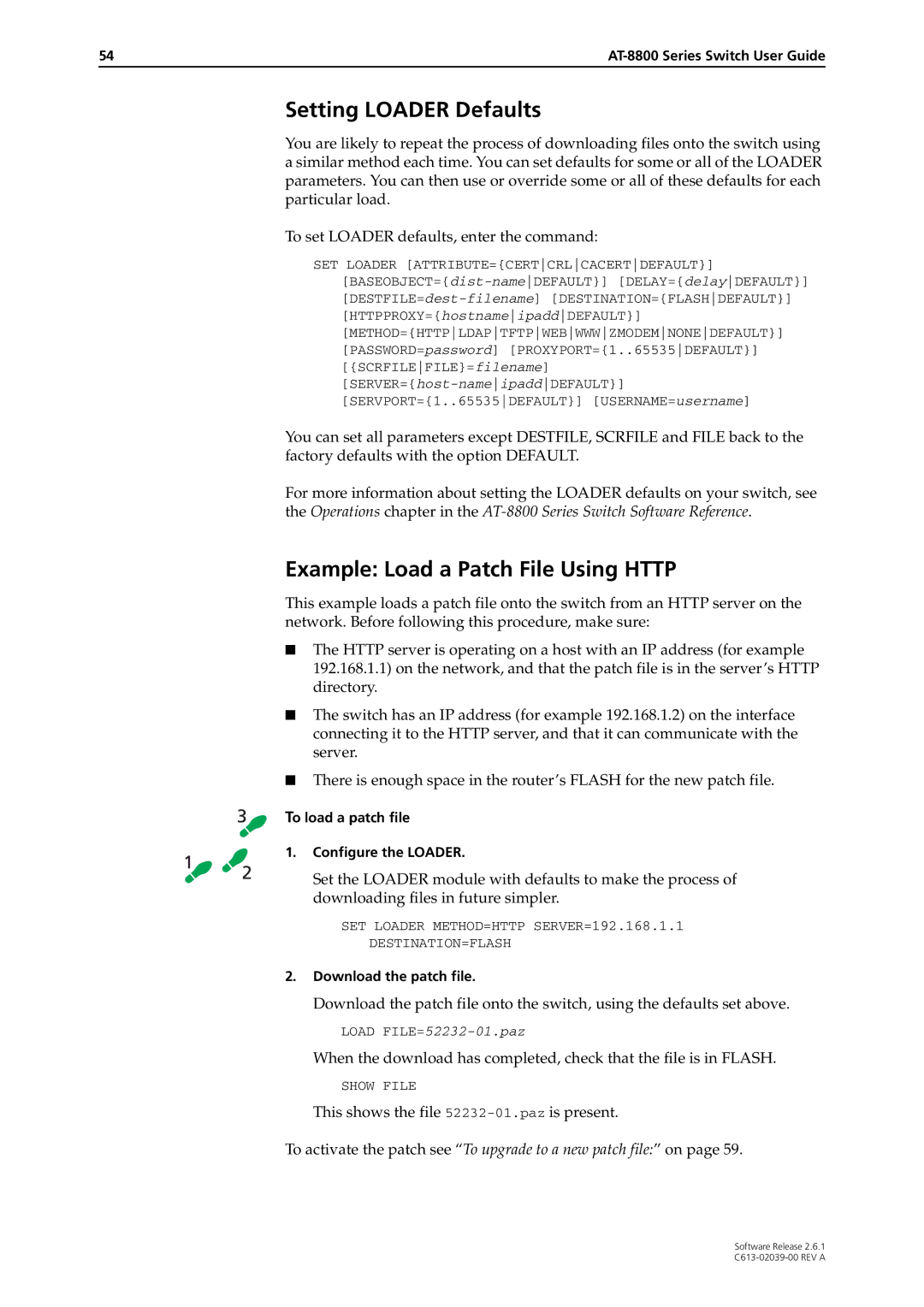 Allied Telesis 2.6.1 manual Setting Loader Defaults, Example Load a Patch File Using Http, Download the patch file 