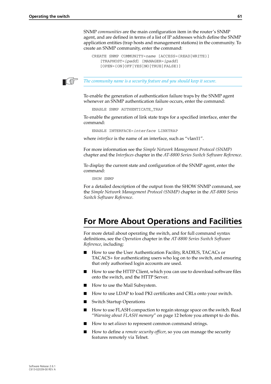 Allied Telesis 2.6.1 For More About Operations and Facilities, Where interface is the name of an interface, such as vlan11 